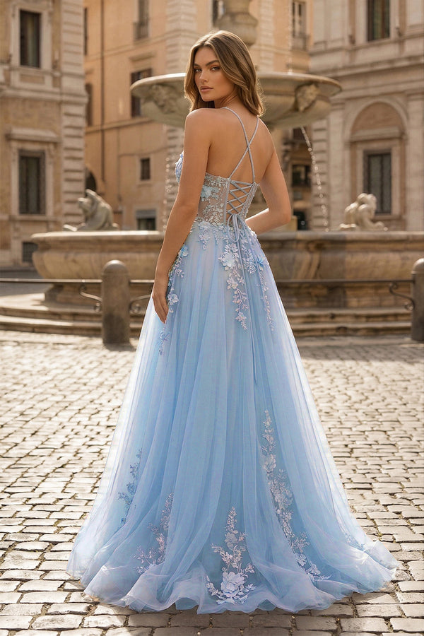 Coral Spaghetti-Straps A Line Tulle Prom Dress With Appliques - KISSPROM PROM DRESSES