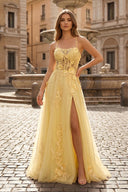 Coral Spaghetti-Straps A Line Tulle Prom Dress With Appliques - KISSPROM PROM DRESSES