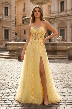 Coral Spaghetti-Straps A Line Tulle Prom Dress With Appliques - KISSPROM PROM DRESSES