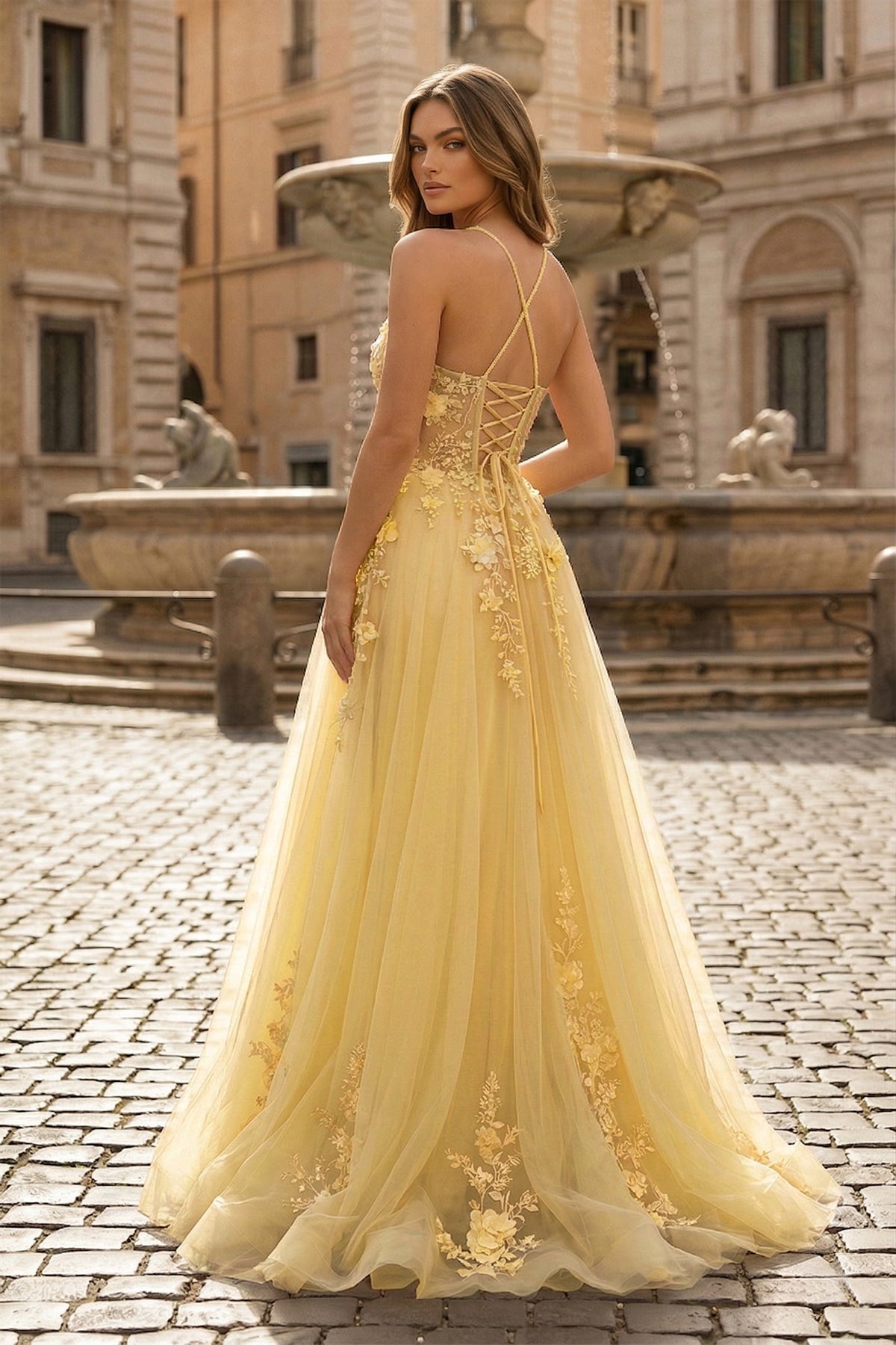 KissProm Coral Spaghetti-Straps A Line Tulle Prom Dress With Appliques, Yellow / 4