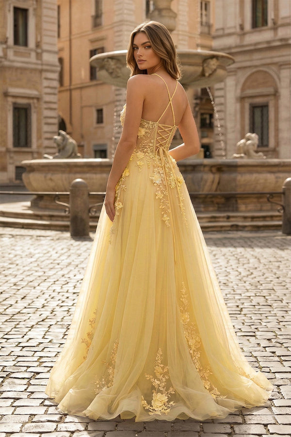 Coral Spaghetti-Straps A Line Tulle Prom Dress With Appliques - KISSPROM PROM DRESSES