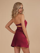 Cybelle | Burgundy - Strapless Satin Sheath Short Homecoming Dress - KissProm