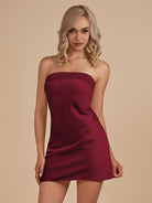 Cybelle | Burgundy - Strapless Satin Sheath Short Homecoming Dress - KissProm