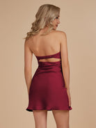 Cybelle | Burgundy - Strapless Satin Sheath Short Homecoming Dress - KissProm