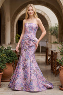 Lavender Strapless Mermaid Floral Printed Long Formal Prom Dresses With Bowknot - KissProm  