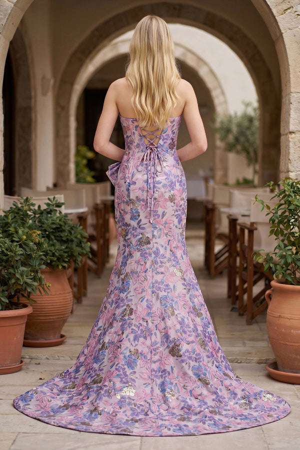 Lavender Strapless Mermaid Floral Printed Long Formal Prom Dresses With Bowknot - KissProm  