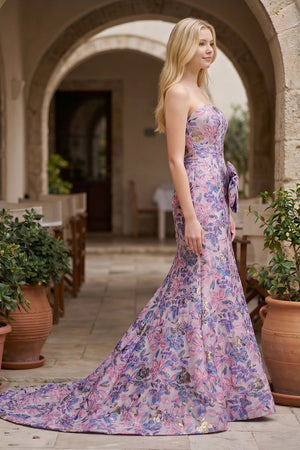 Lavender Strapless Mermaid Floral Printed Long Formal Prom Dresses With Bowknot - KissProm  
