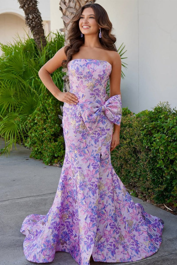 Cylin | Lavender - Strapless Mermaid Floral Printed Long Formal Prom Dresses With Bowknot - KissProm