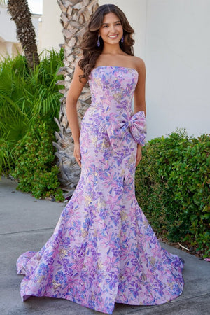 Cylin | Lavender - Strapless Mermaid Floral Printed Long Formal Prom Dresses With Bowknot - KissProm