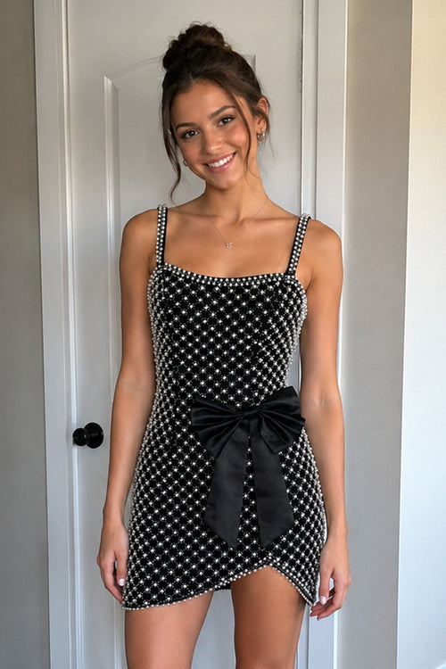 Black Sheath Beaded Pearl Mini Party Dresses with Bow - KissProm  