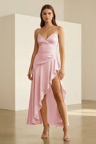 Cyndal | Aqua - Spaghetti Straps Sheath Satin High Low Prom Dresses With Ruffles - KissProm