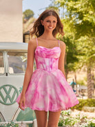 Cyra | Pink - A Line Floral Chiffon Corset Spaghetti Straps Homecoming Dresses