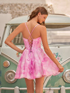 Cyra | Pink - A Line Floral Chiffon Corset Spaghetti Straps Homecoming Dresses
