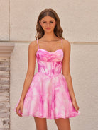 Cyra | Pink - A Line Floral Chiffon Corset Spaghetti Straps Homecoming Dresses