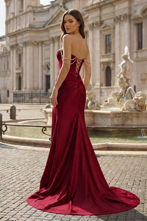 Fuchsia Off The Shoulder Satin Pleated Mermaid Formal Prom Dresses With Beading - KissProm