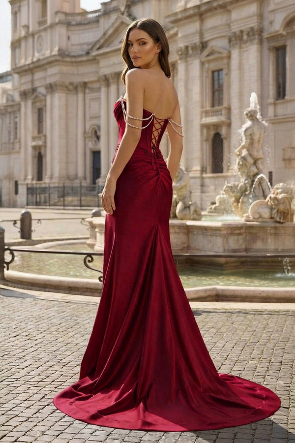 Fuchsia Off The Shoulder Satin Pleated Mermaid Formal Prom Dresses With Beading - KissProm