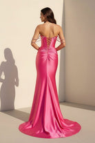 Cyralie | Fuchsia - Off The Shoulder Satin Pleated Mermaid Formal Prom Dresses With Beading - KissProm