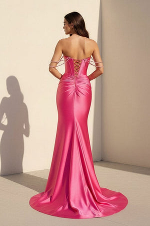 Fuchsia Off The Shoulder Satin Pleated Mermaid Formal Prom Dresses With Beading – Prom Dress by KissProm | Available at KissProm