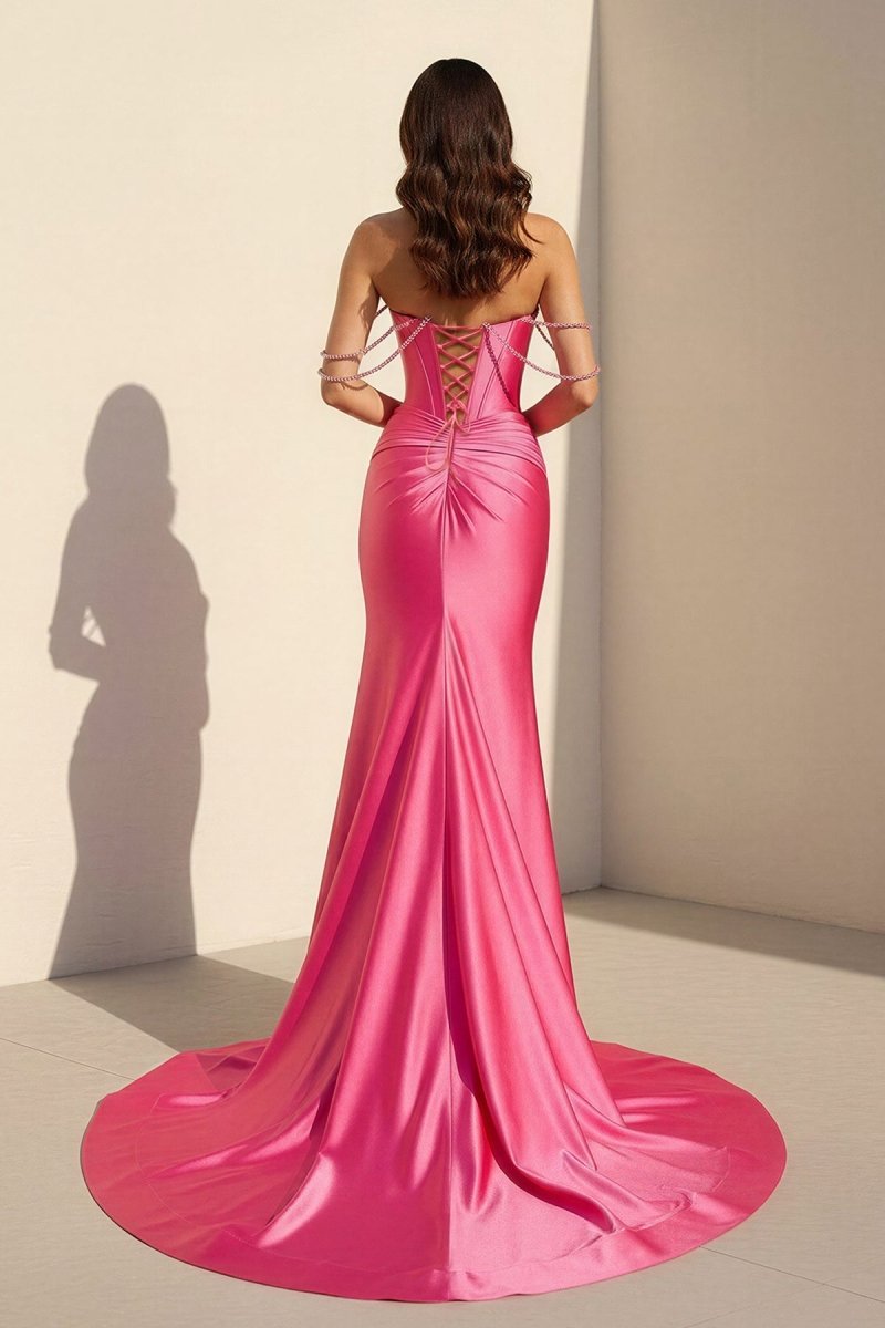 Cyralie | Fuchsia - Off The Shoulder Satin Pleated Mermaid Formal Prom Dresses With Beading - KissProm