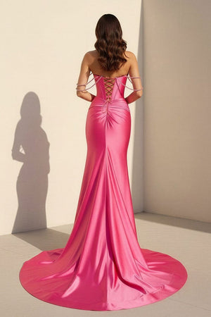 Fuchsia Off The Shoulder Satin Pleated Mermaid Formal Prom Dresses With Beading – Prom Dress by KissProm | Available at KissProm