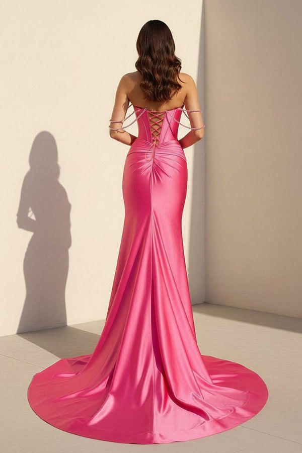 Fuchsia Off The Shoulder Satin Pleated Mermaid Formal Prom Dresses With Beading – Prom Dress by KissProm | Available at KissProm