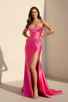 Cyralie | Fuchsia - Off The Shoulder Satin Pleated Mermaid Formal Prom Dresses With Beading - KissProm