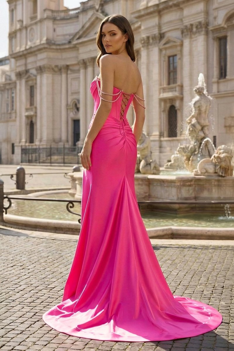 Fuchsia Off The Shoulder Satin Pleated Mermaid Formal Prom Dresses With Beading – Prom Dress by KissProm | Available at KissProm
