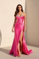 Cyralie | Fuchsia - Off The Shoulder Satin Pleated Mermaid Formal Prom Dresses With Beading - KissProm