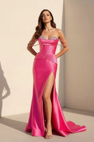 Cyralie | Fuchsia - Off The Shoulder Satin Pleated Mermaid Formal Prom Dresses With Beading - KissProm
