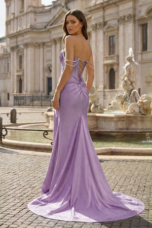 Fuchsia Off The Shoulder Satin Pleated Mermaid Formal Prom Dresses With Beading – Prom Dress by KissProm | Available at KissProm