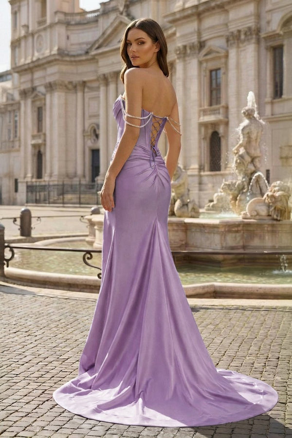 Fuchsia Off The Shoulder Satin Pleated Mermaid Formal Prom Dresses With Beading – Prom Dress by KissProm | Available at KissProm
