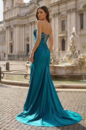 Fuchsia Off The Shoulder Satin Pleated Mermaid Formal Prom Dresses With Beading – Prom Dress by KissProm | Available at KissProm