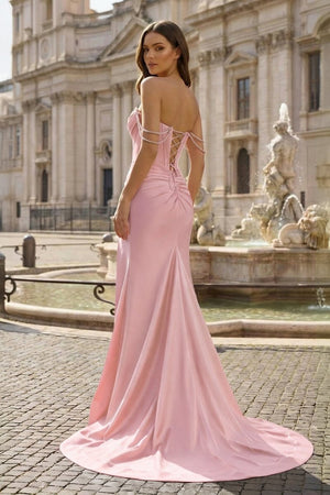 Fuchsia Off The Shoulder Satin Pleated Mermaid Formal Prom Dresses With Beading – Prom Dress by KissProm | Available at KissProm