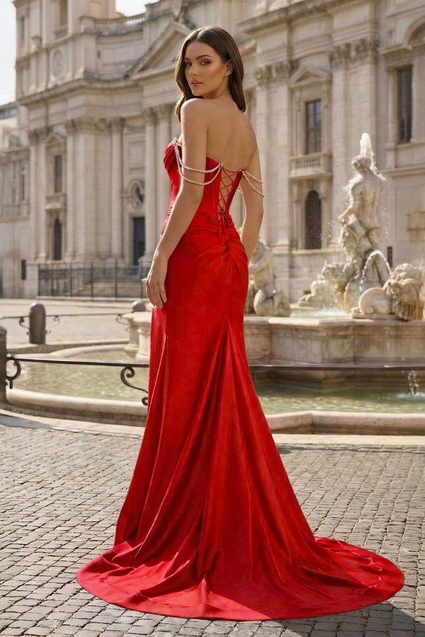 Fuchsia Off The Shoulder Satin Pleated Mermaid Formal Prom Dresses With Beading – Prom Dress by KissProm | Available at KissProm