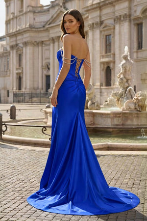 Fuchsia Off The Shoulder Satin Pleated Mermaid Formal Prom Dresses With Beading – Prom Dress by KissProm | Available at KissProm