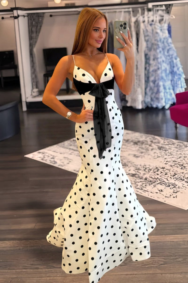 Cyrilla | Black - Spaghetti Straps Polka Dots Mermaid Formal Prom Dresses With Bow - KissProm