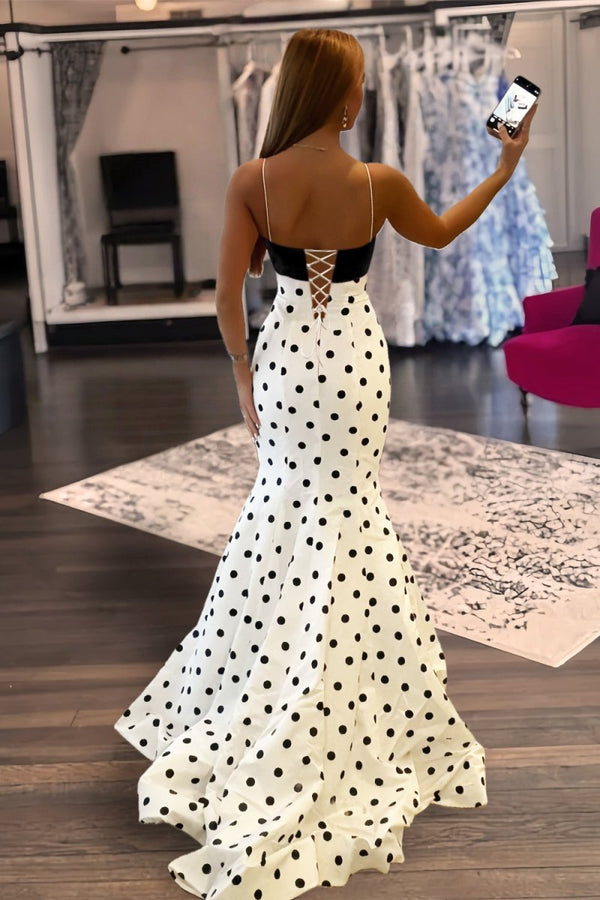 Cyrilla | Black - Spaghetti Straps Polka Dots Mermaid Formal Prom Dresses With Bow - KissProm