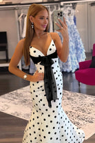 Cyrilla | Fuchsia - Spaghetti Straps Polka Dots Mermaid Formal Prom Dresses With Bow - KissProm