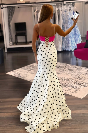 Cyrilla | White - Spaghetti Straps Polka Dots Mermaid Formal Prom Dresses With Bow - KissProm