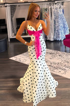 Cyrilla | White - Spaghetti Straps Polka Dots Mermaid Formal Prom Dresses With Bow - KissProm