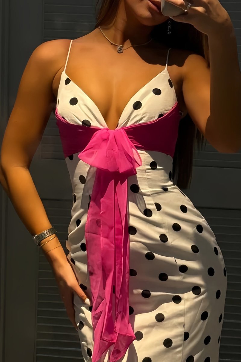 Cyrilla | White - Spaghetti Straps Polka Dots Mermaid Formal Prom Dresses With Bow - KissProm