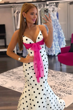 Cyrilla | White - Spaghetti Straps Polka Dots Mermaid Formal Prom Dresses With Bow - KissProm
