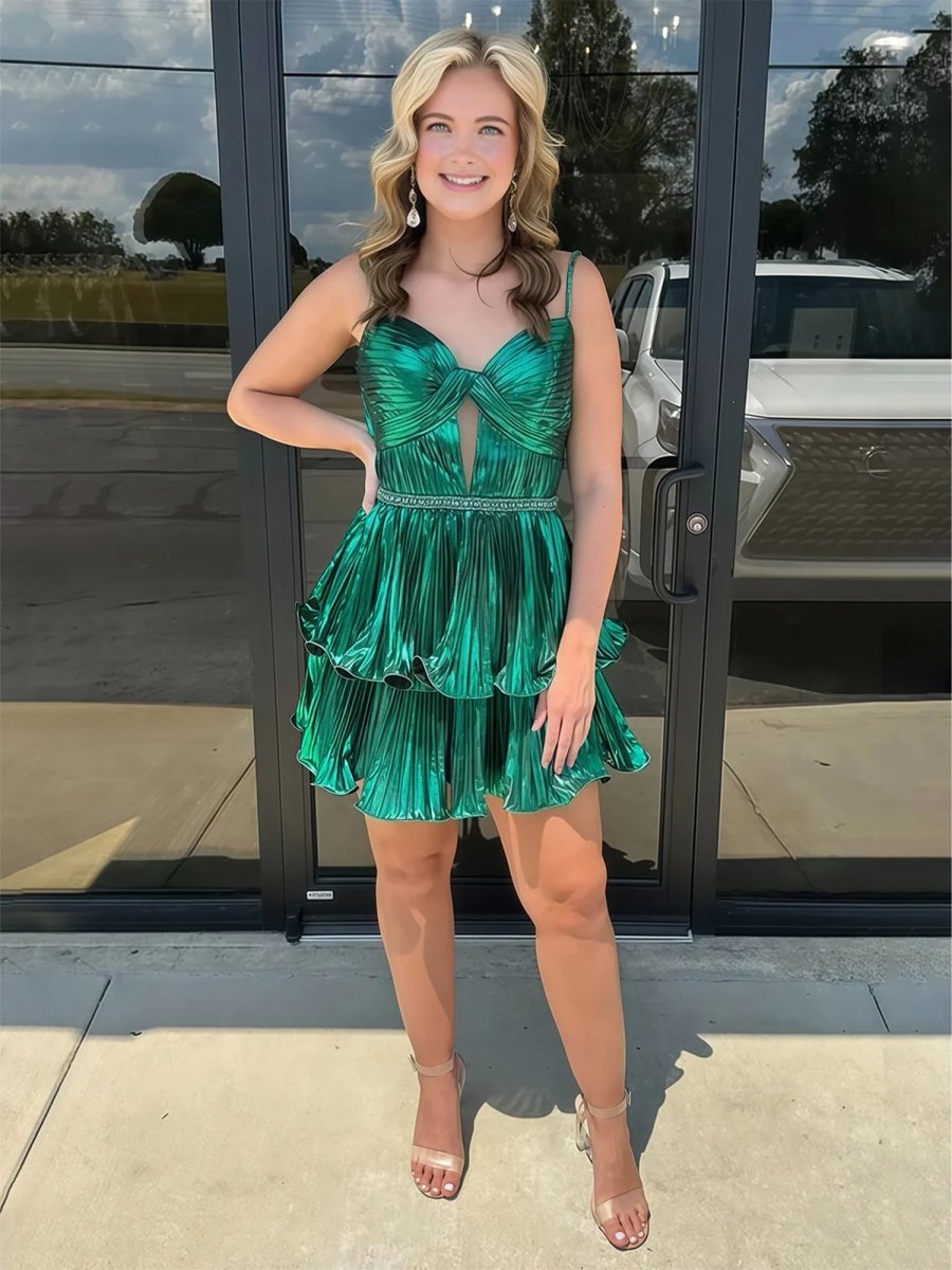 Cyrus | Green - A Line Metallic Tiered Ruffles Cut Out Short Homecoming Dresses