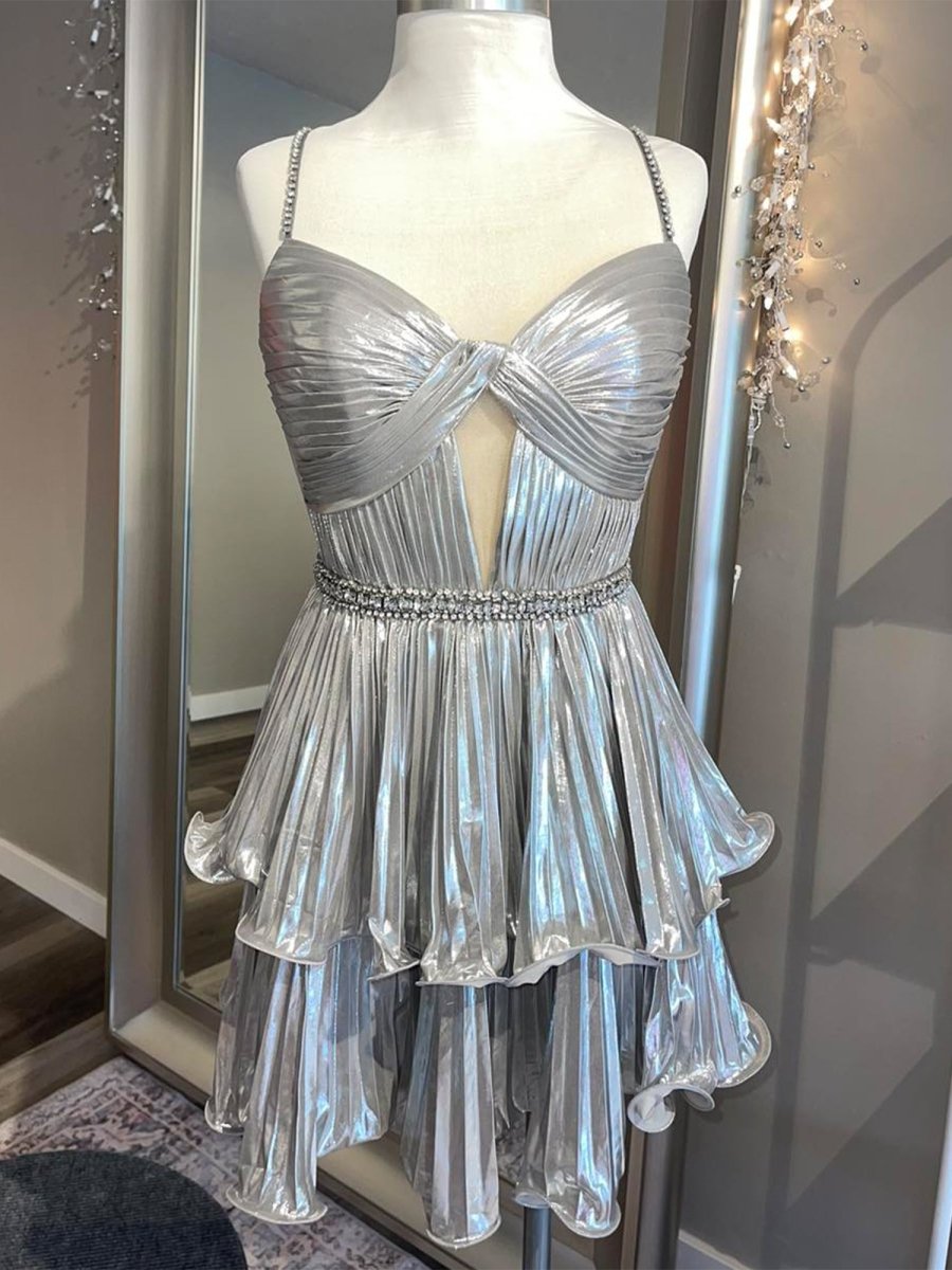 Cyrus | Silver - A Line Metallic Tiered Ruffles Cut Out Short Homecoming Dresses