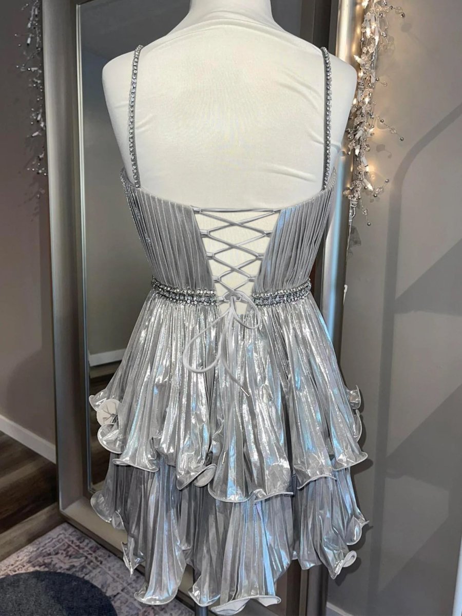 Cyrus | Silver - A Line Metallic Tiered Ruffles Cut Out Short Homecoming Dresses