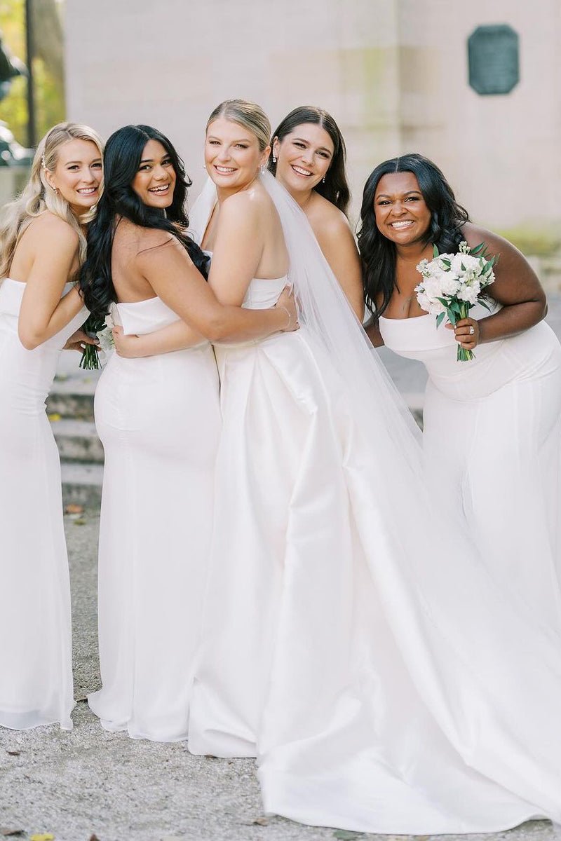 Elegant A - Line One Shoulder White Satin Wedding Dresses - KissProm