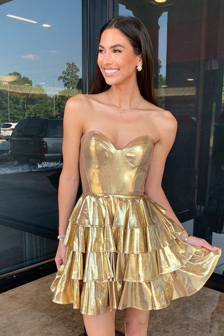 Sweetheart Gold Metallic A-Line Ruffle Homecoming Dress Gold / 00