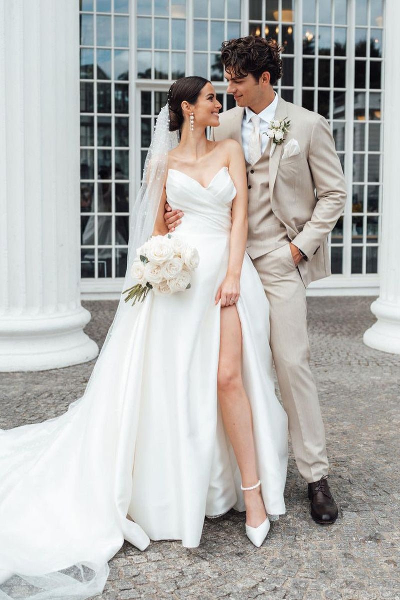Elegant A-Line Strapless White Satin Wedding Dresses With Slit display picture 2