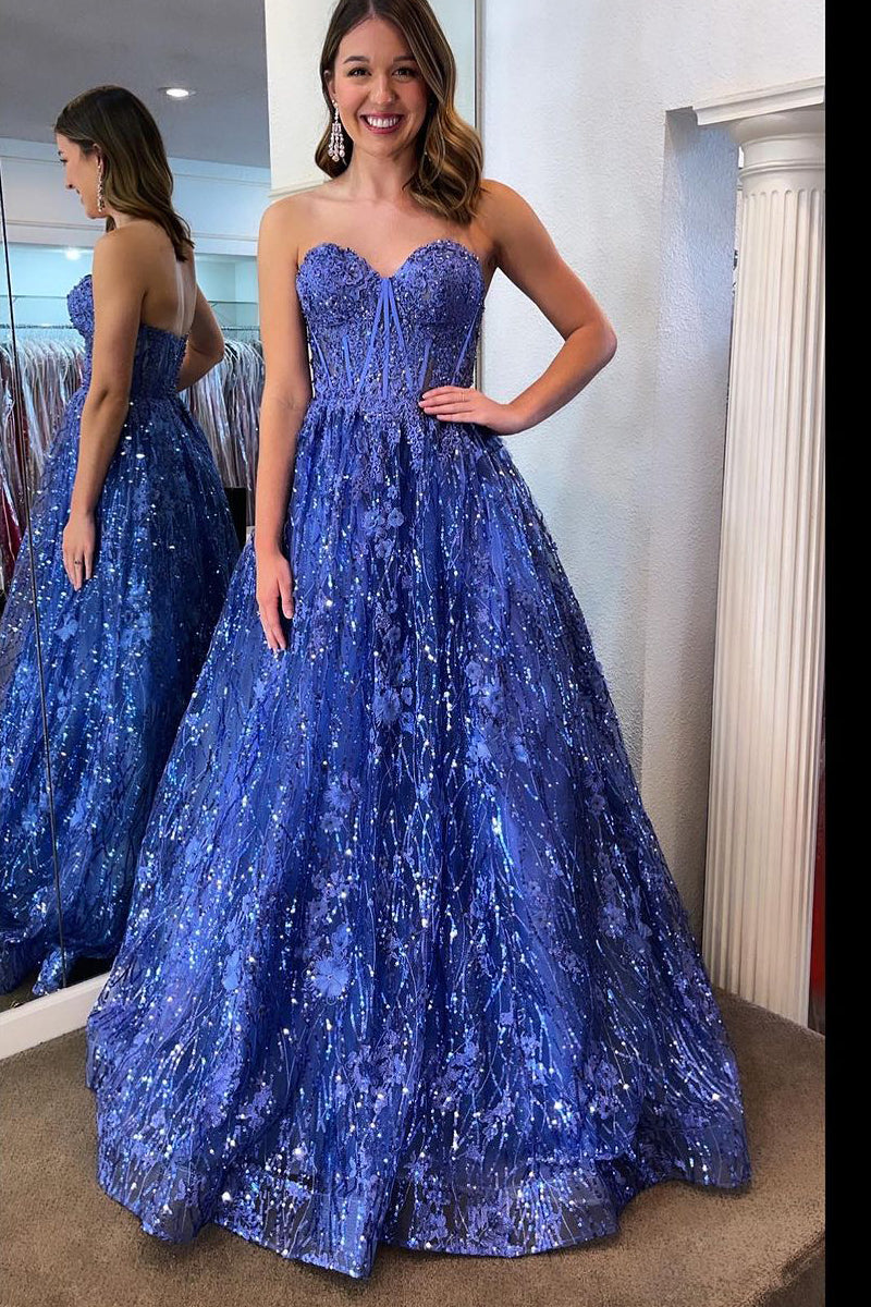 Allyson | Sweetheart Blue Sequin Lace Corest Long Dresses