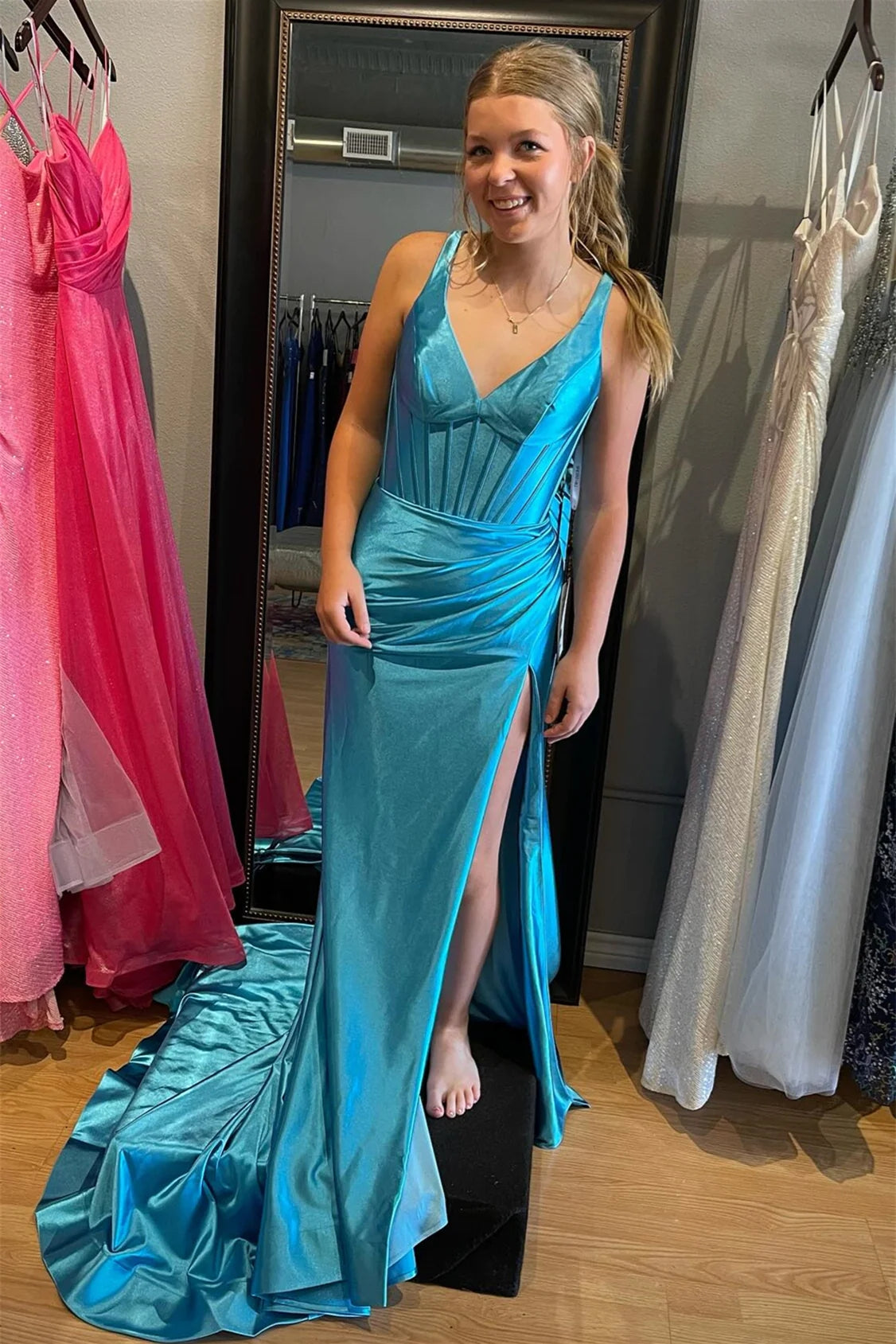Lara | Grape Mermaid Satin V Neck Long Prom Dress with Slit